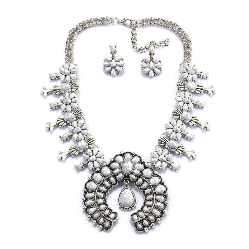 Close-up of Southwest Turquoise Blossom Necklace Set showing blossom design and finish