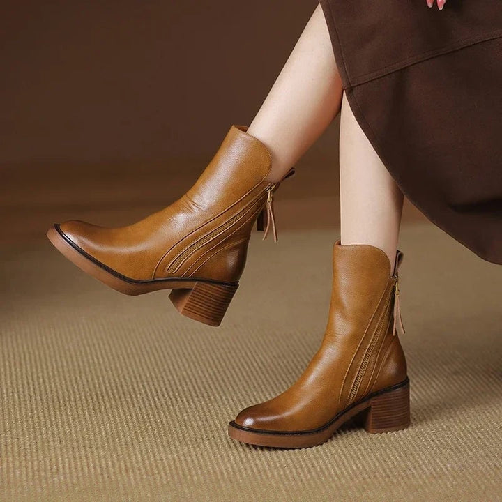 Zali orthopedic boots in brown showing shock-absorbing sole and ankle-height profile, side view