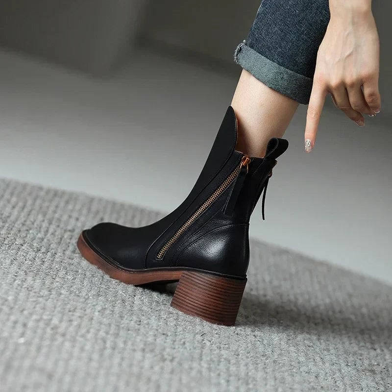 Zali orthopedic boots in brown styled with casual jeans, showcasing leg-lengthening silhouette
