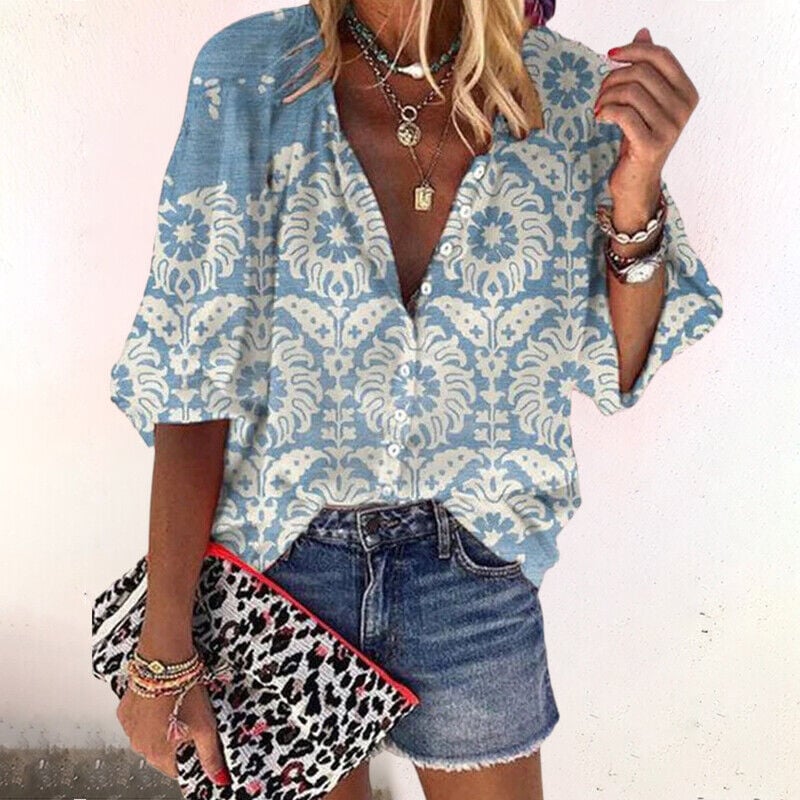 Blue damask print V-neck button-down blouse with flowing lightweight fabric, full-length view