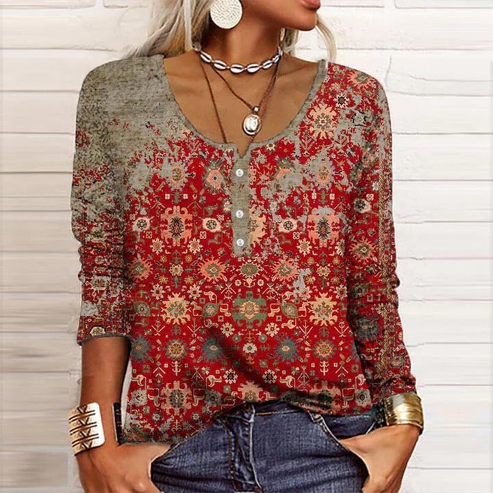 Red boho medallion-print long sleeve V-neck henley blouse with tapestry-inspired floral pattern in red, grey, and gold