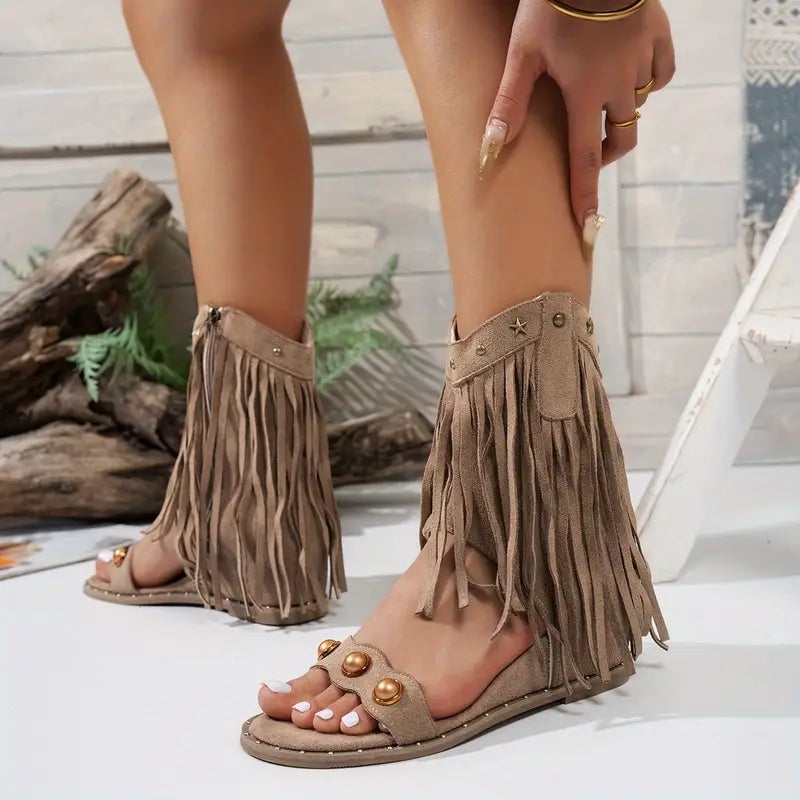 Khaki fringe ankle sandals worn on model, full length view