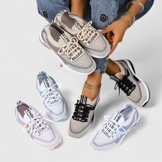 Overhead flat lay of women's mesh sneakers in multiple color options