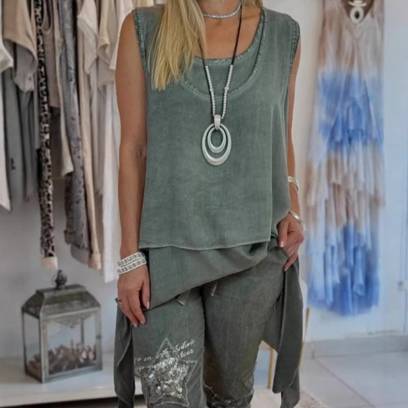 Women's two-piece set shown in an alternate colorway with floral pants and solid top