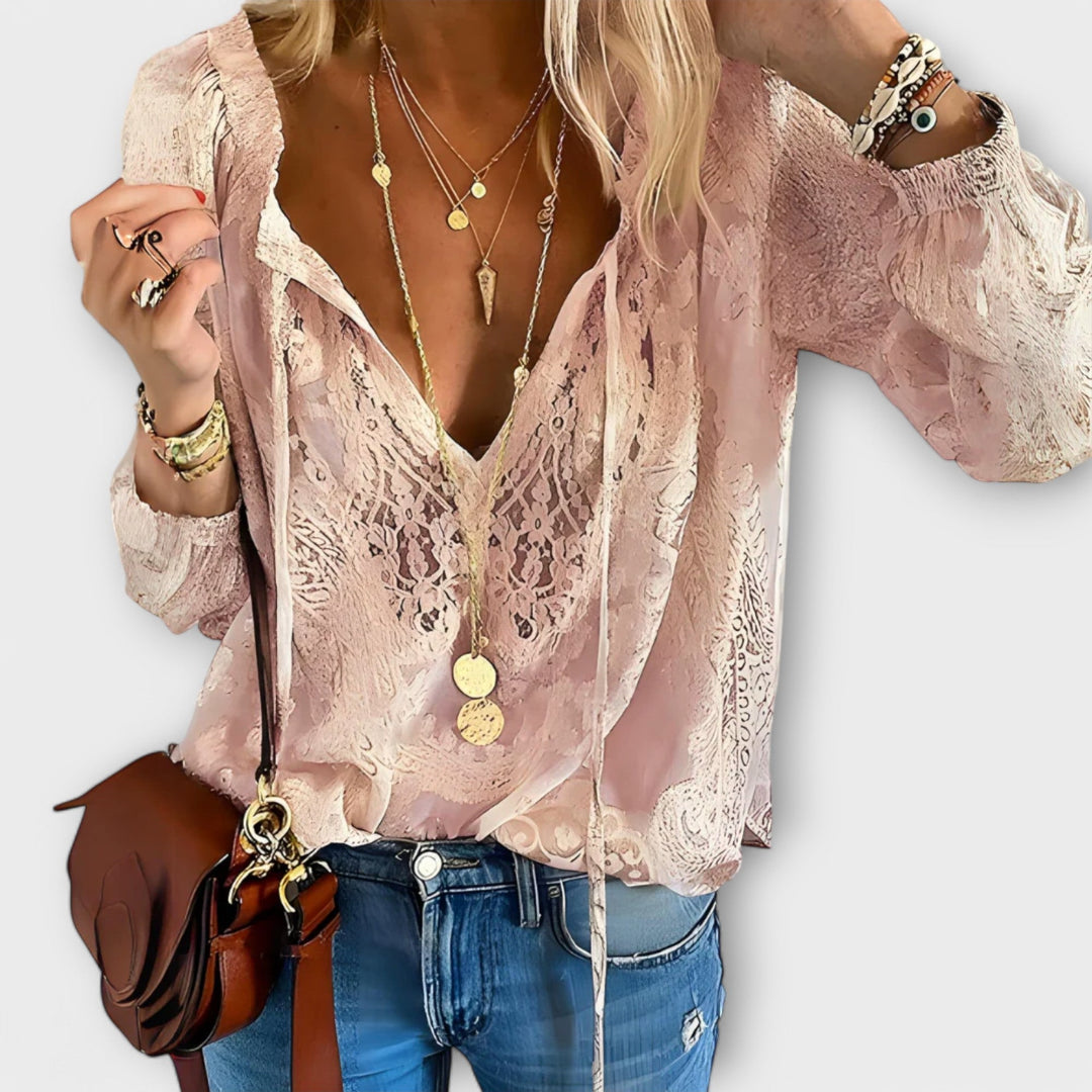 Back view of the Zeleste lace blouse showing relaxed boho fit and flowing silhouette