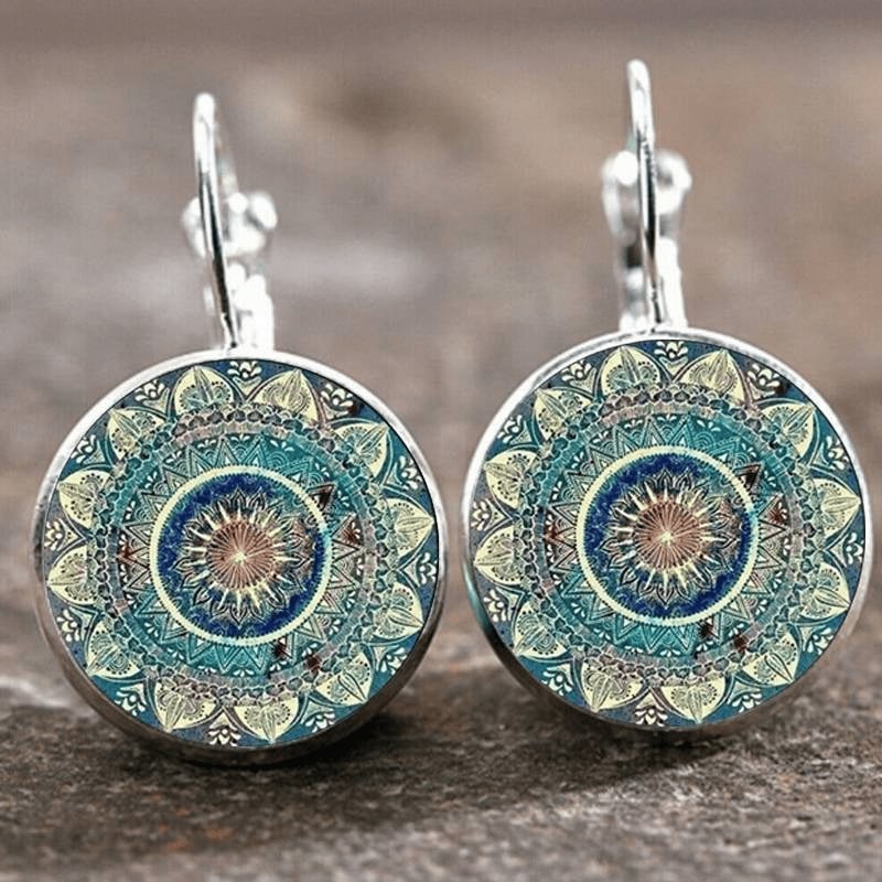 Vintage rounded mandala earrings with intricate geometric detailing, shown as a pair on a clean background