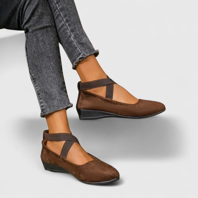 Close-up of the cross strap and Mary Jane silhouette on the Zephyra flats