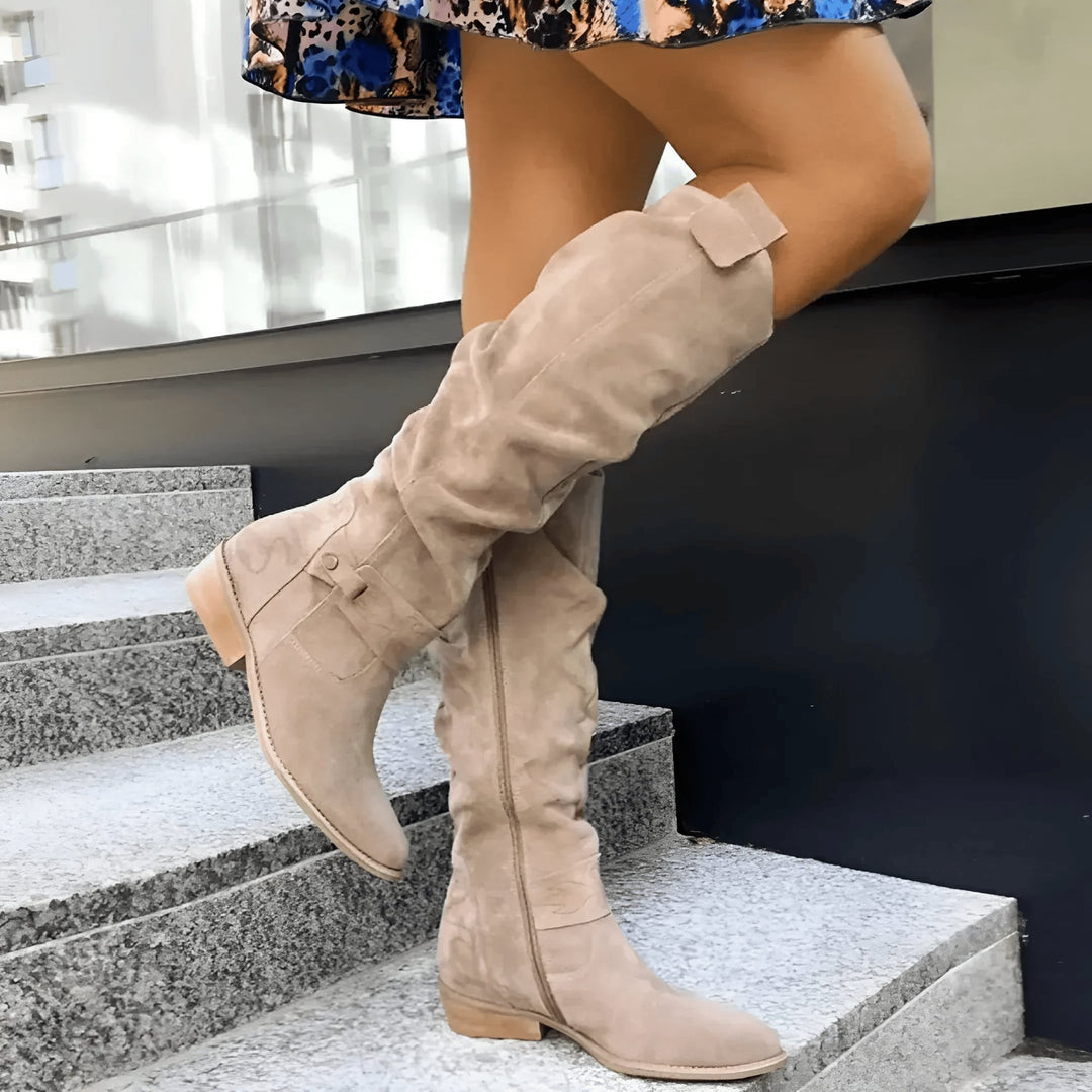 Women's stylish suede knee-high boot in beige with a smooth silhouette and cushioned insole