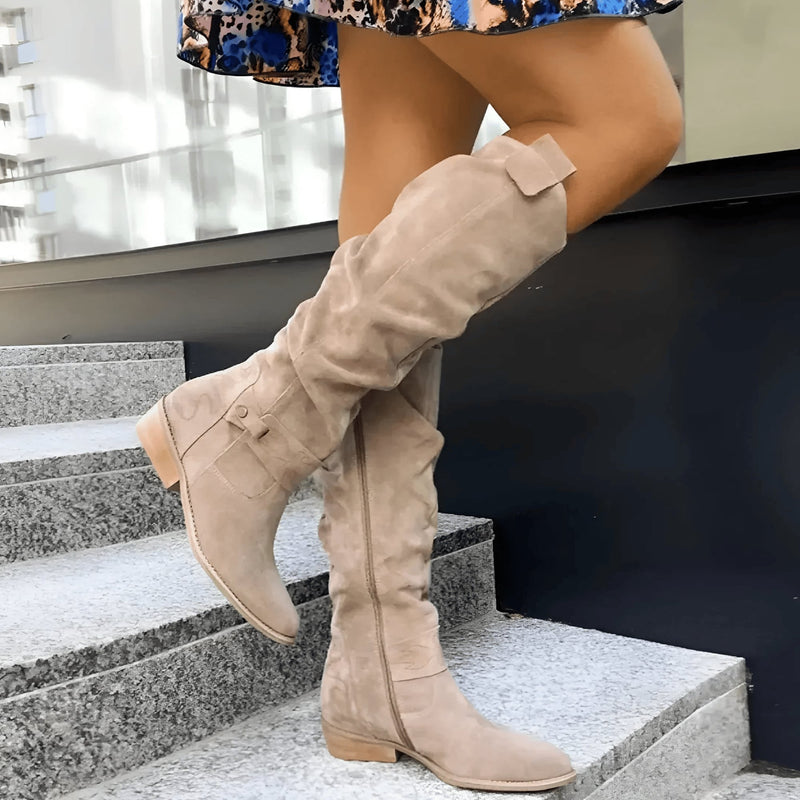 Women's stylish suede knee-high boot in beige with a smooth silhouette and cushioned insole