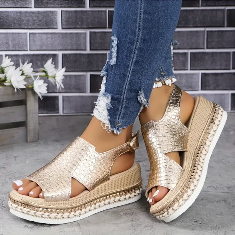 Zinnia women's orthopedic cushioned sandals in gold with contoured footbed and adjustable straps, front view