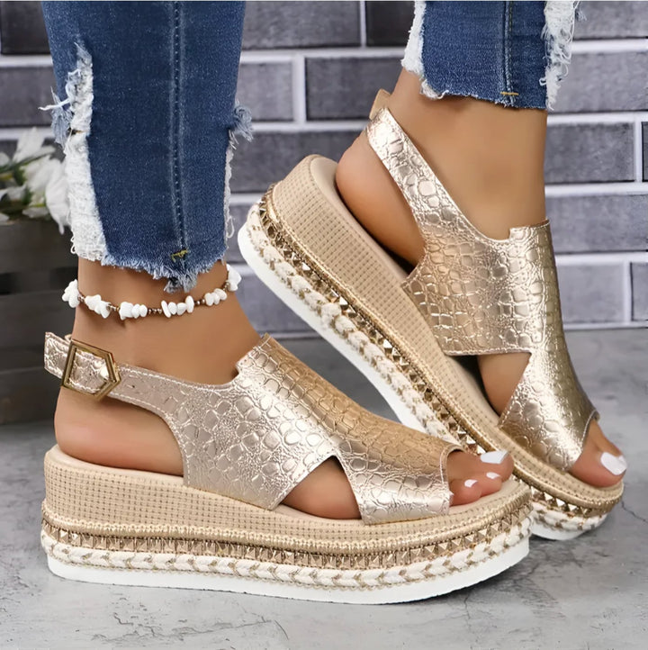 Zinnia women's orthopedic cushioned sandals in gold, side profile showing cushioned sole