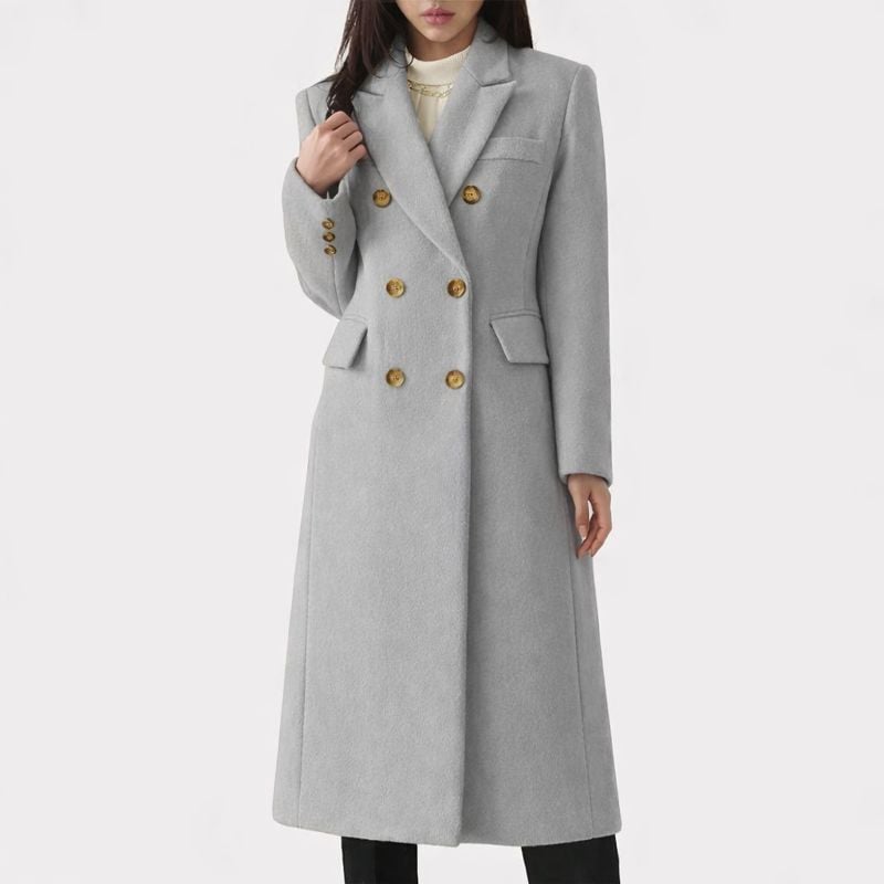 Front view of the Ziva overcoat in gray showing flattering structured fit and smooth fabric blend
