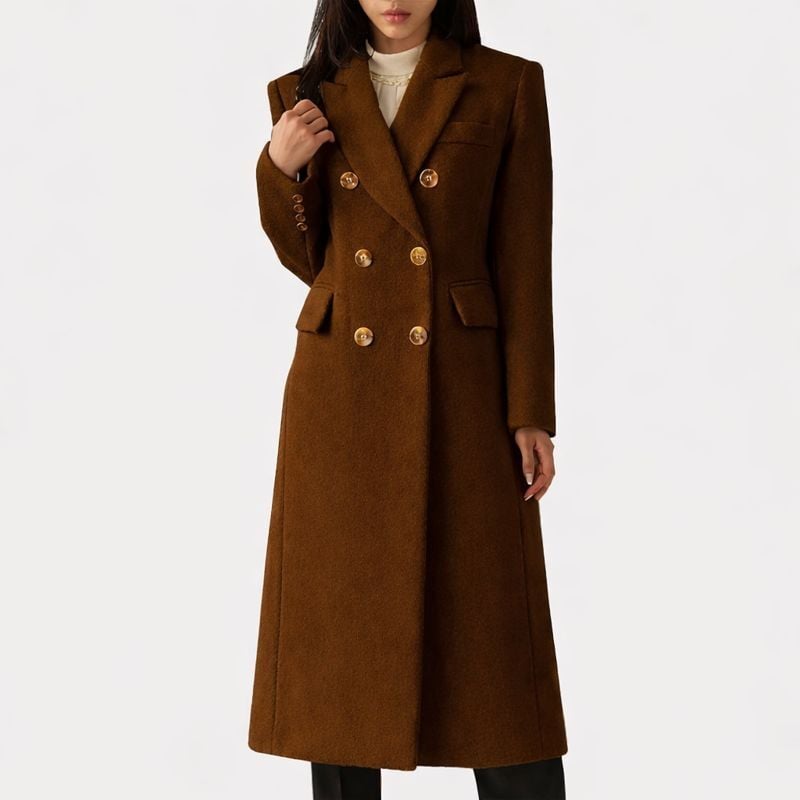 Close-up detail of the Ziva overcoat fabric blend showing soft texture and refined finish