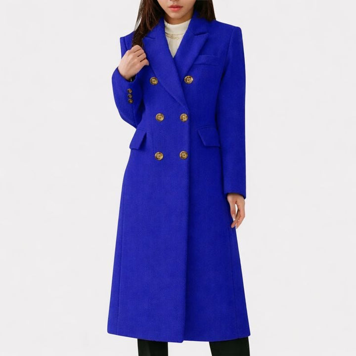 Flat lay of the Ziva overcoat in red displaying the smooth inner lining and overall length