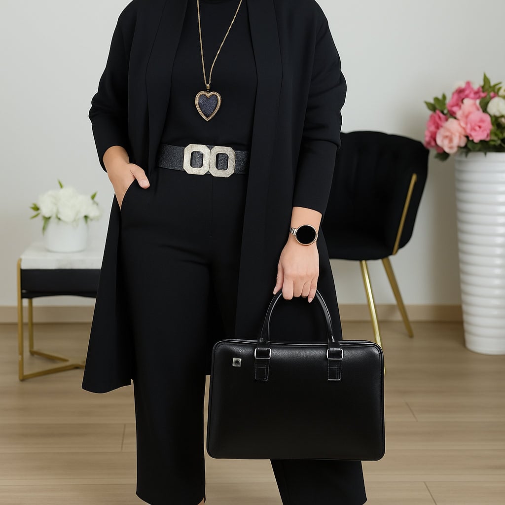 Woman wearing the Zoe elegant 3-piece coordinated set in black with sleek tailored styling