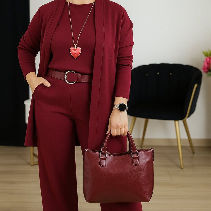 Front view of the Zoe 3-piece set showing structured silhouette and soft luxurious fabric