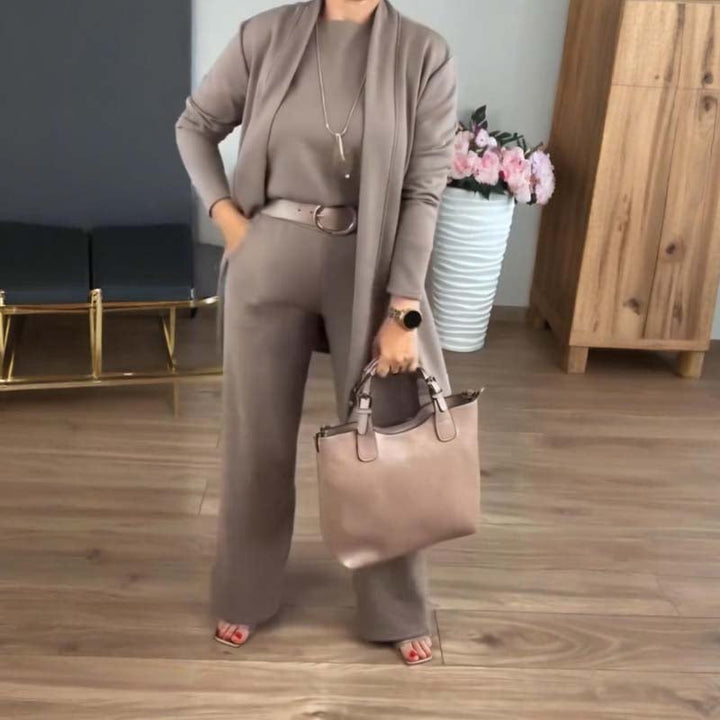 Model styled in the Zoe 3-piece set in navy for a polished, sophisticated look