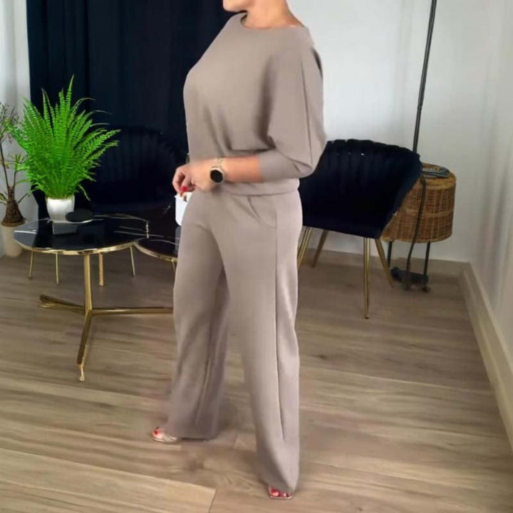 Zoe 3-piece set in off-white displayed on a model for an elegant daytime outfit