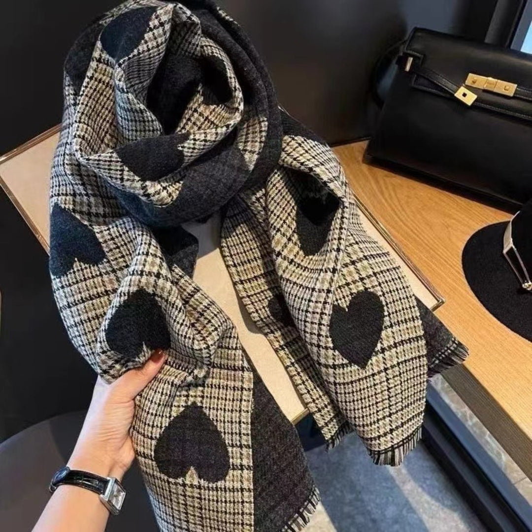 Detail shot of the soft plaid fabric texture on the Heart Black scarf colorway
