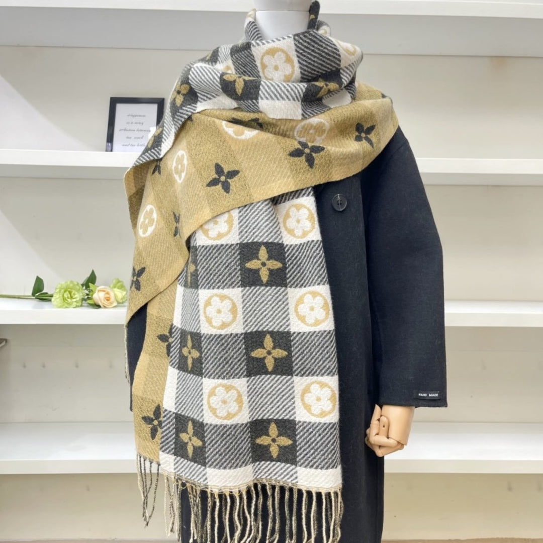 Big Heart Khaki reversible plaid scarf draped over a coat, styled for a casual winter look