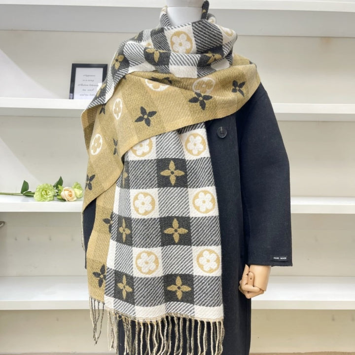 Big Heart Khaki reversible plaid scarf draped over a coat, styled for a casual winter look