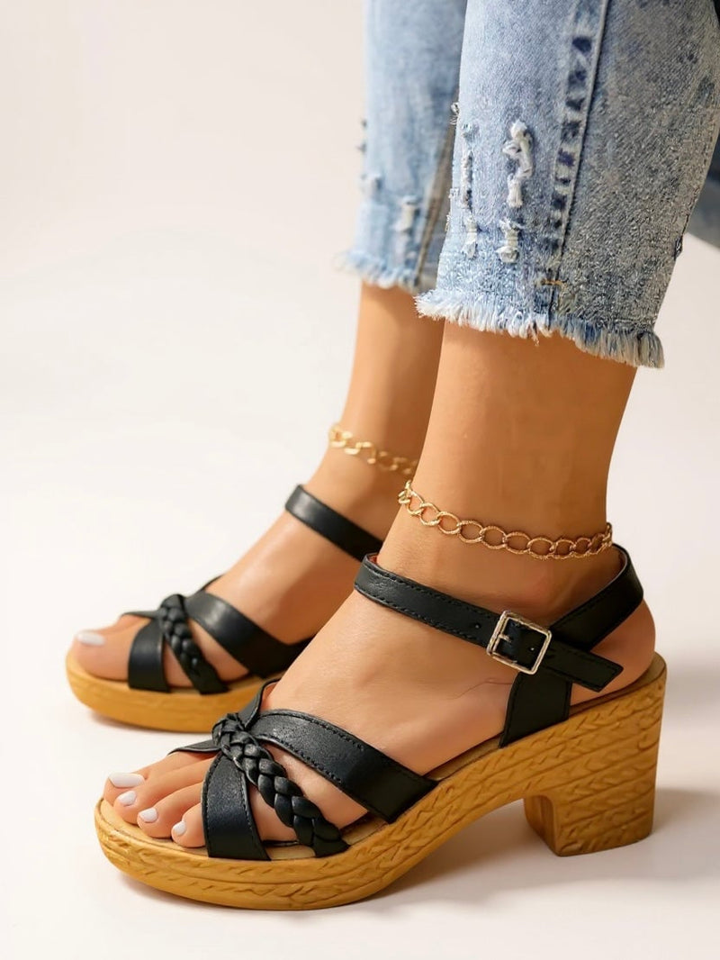 Zuri woven block heel sandals in black with braided strap detailing, front view