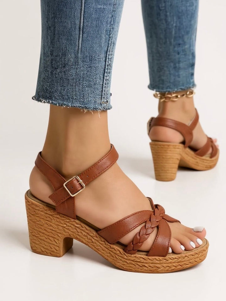 Zuri woven block heel sandals in white, side profile showing cushioned footbed and block heel