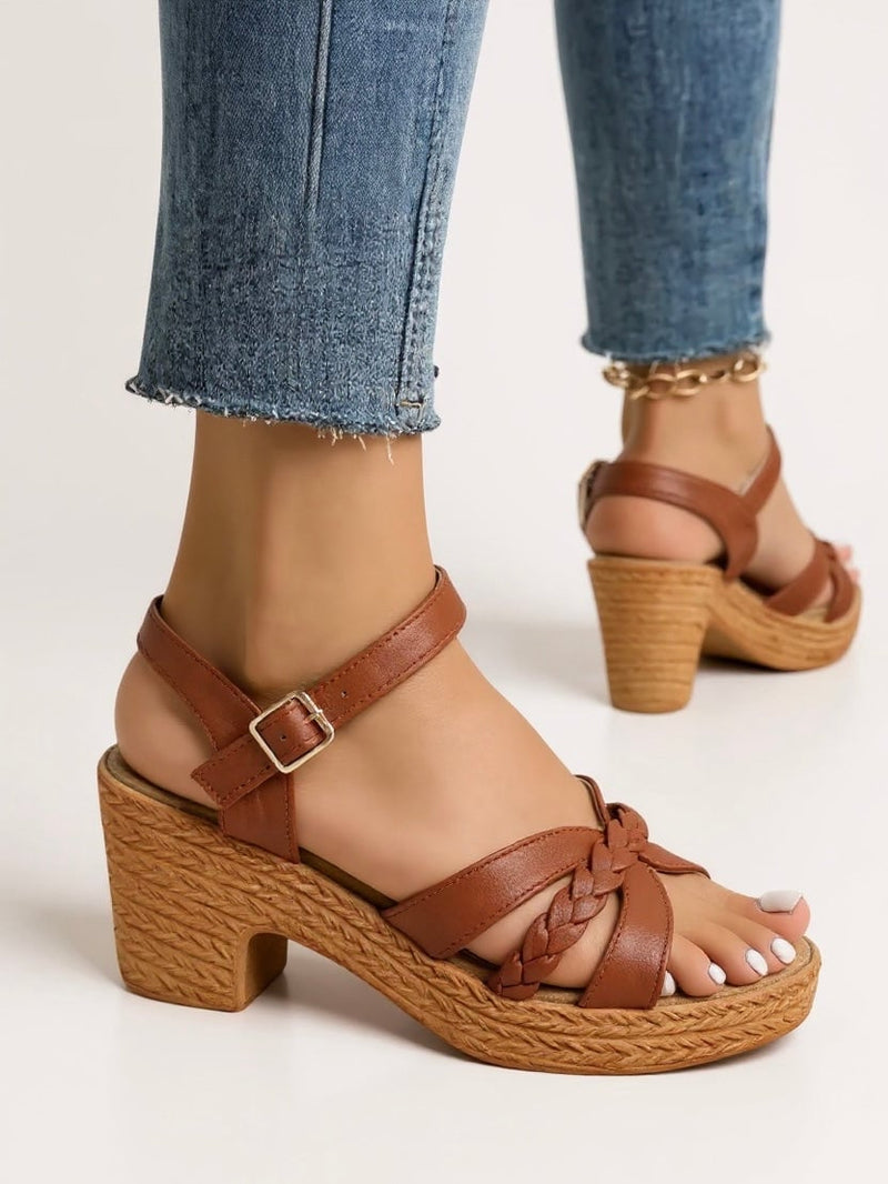 Zuri woven block heel sandals in white, side profile showing cushioned footbed and block heel