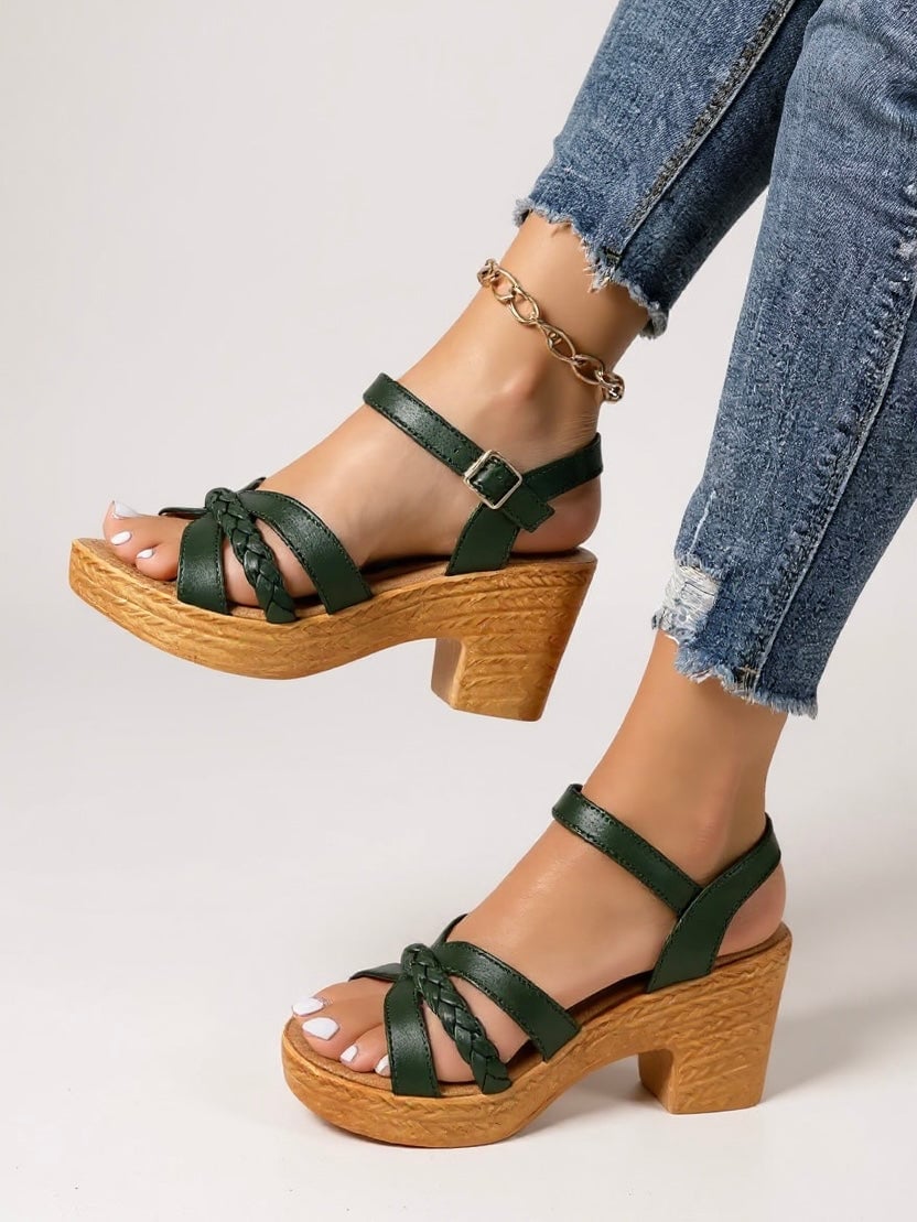 Zuri woven block heel sandals in pink, full shoe side view against a clean background
