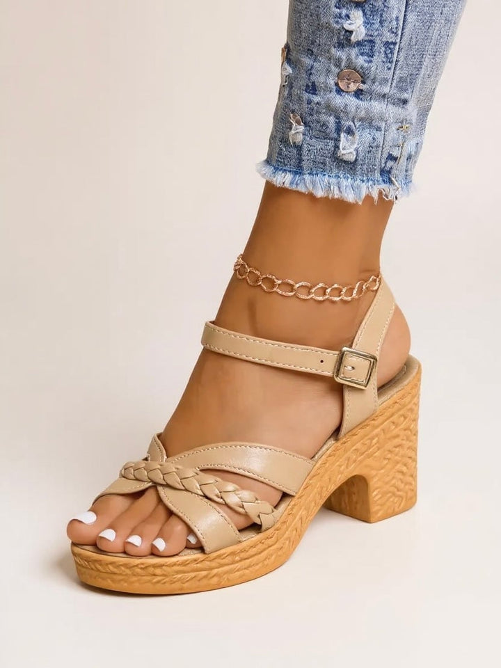 Zuri woven block heel sandals detail shot showing cushioned insole and woven upper construction