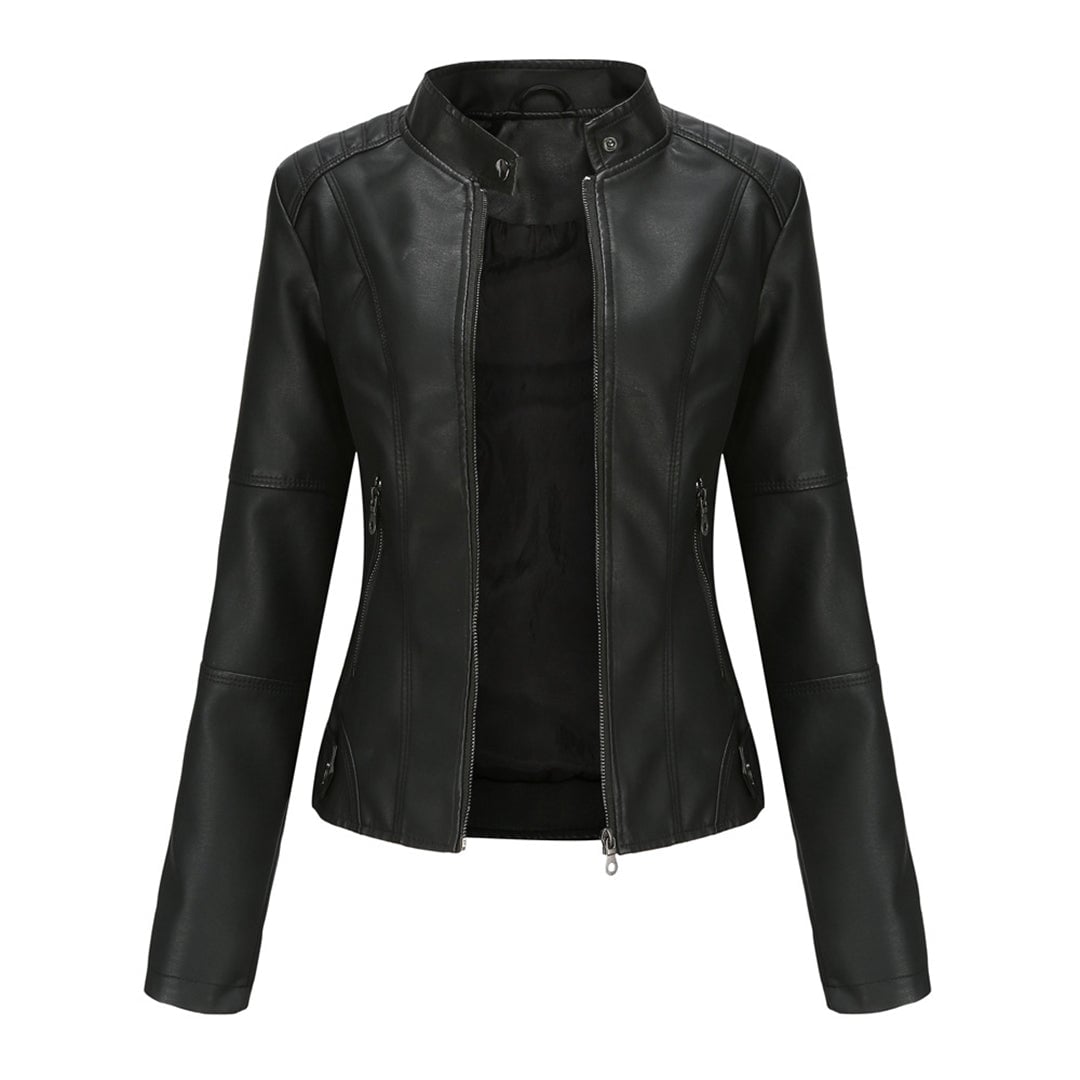 Front view of the Zyra sleek structured jacket in black with asymmetrical zipper and metallic accents