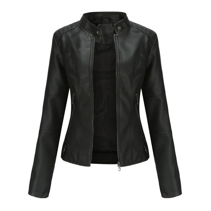 Front view of the Zyra sleek structured jacket in black with asymmetrical zipper and metallic accents