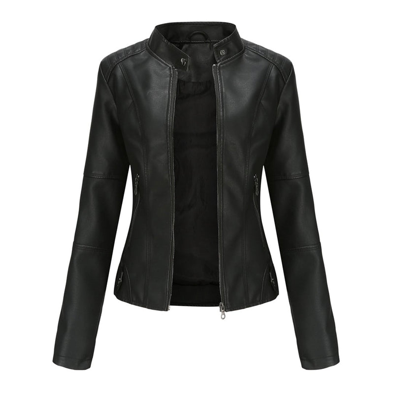 Front view of the Zyra sleek structured jacket in black with asymmetrical zipper and metallic accents