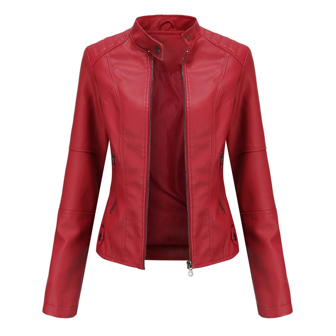 Close-up of the Zyra jacket showing premium stitching and metallic zipper detail