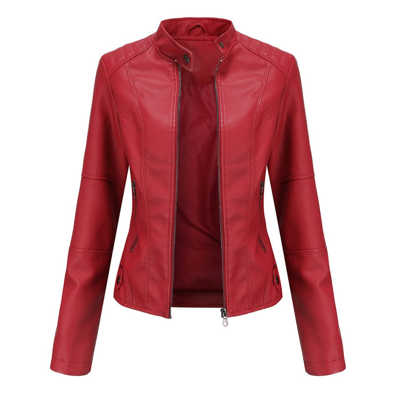 Close-up of the Zyra jacket showing premium stitching and metallic zipper detail