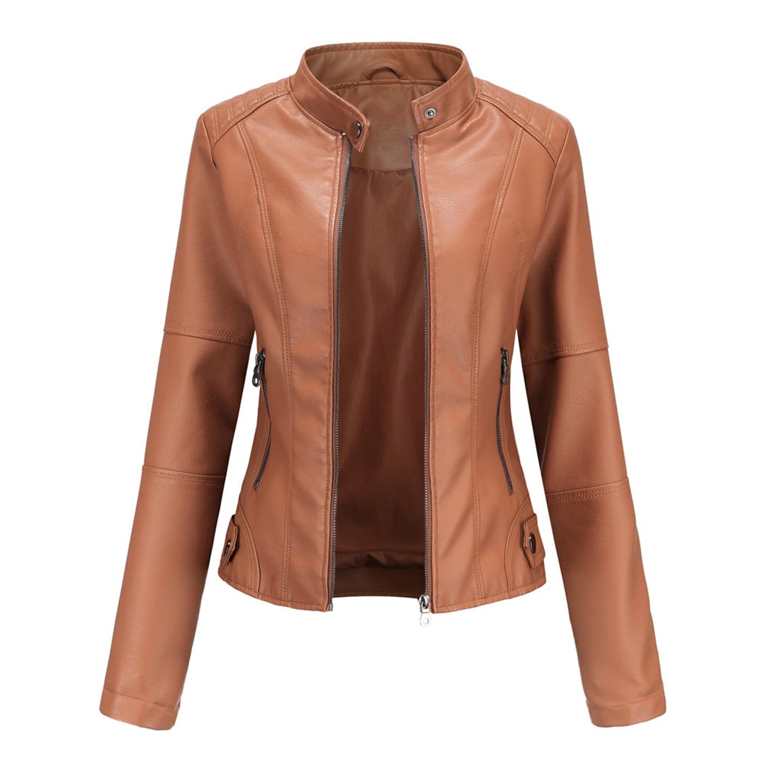 Side view of the Zyra modern jacket highlighting structured silhouette and zippered pocket